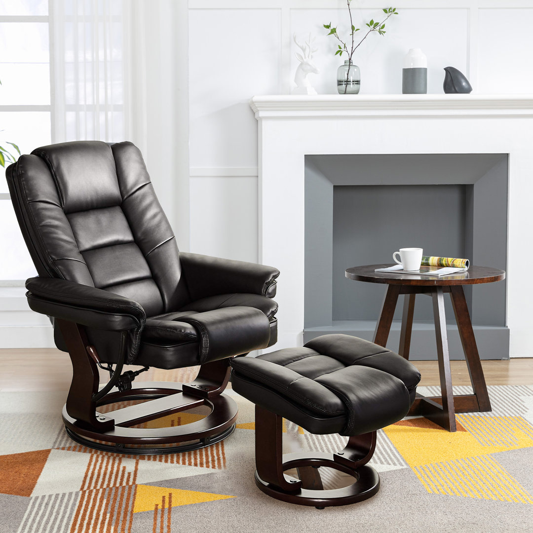 32" Contemporary Leather Recliner and Ottoman with Swiveling Mahogany Wood Base
